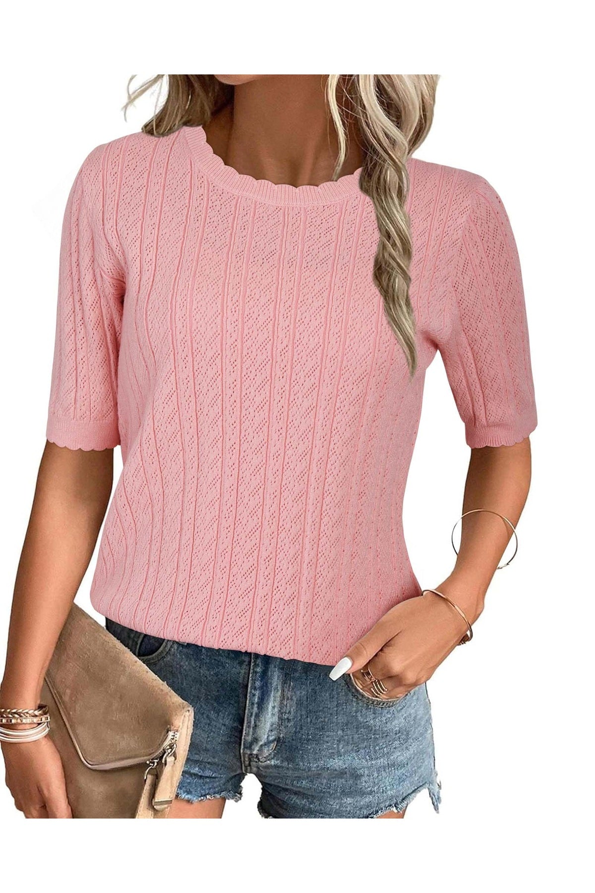 Arach&Cloz Women's Summer Fall Scalloped Lace Cuff Crewneck Tops Textured Shirts
