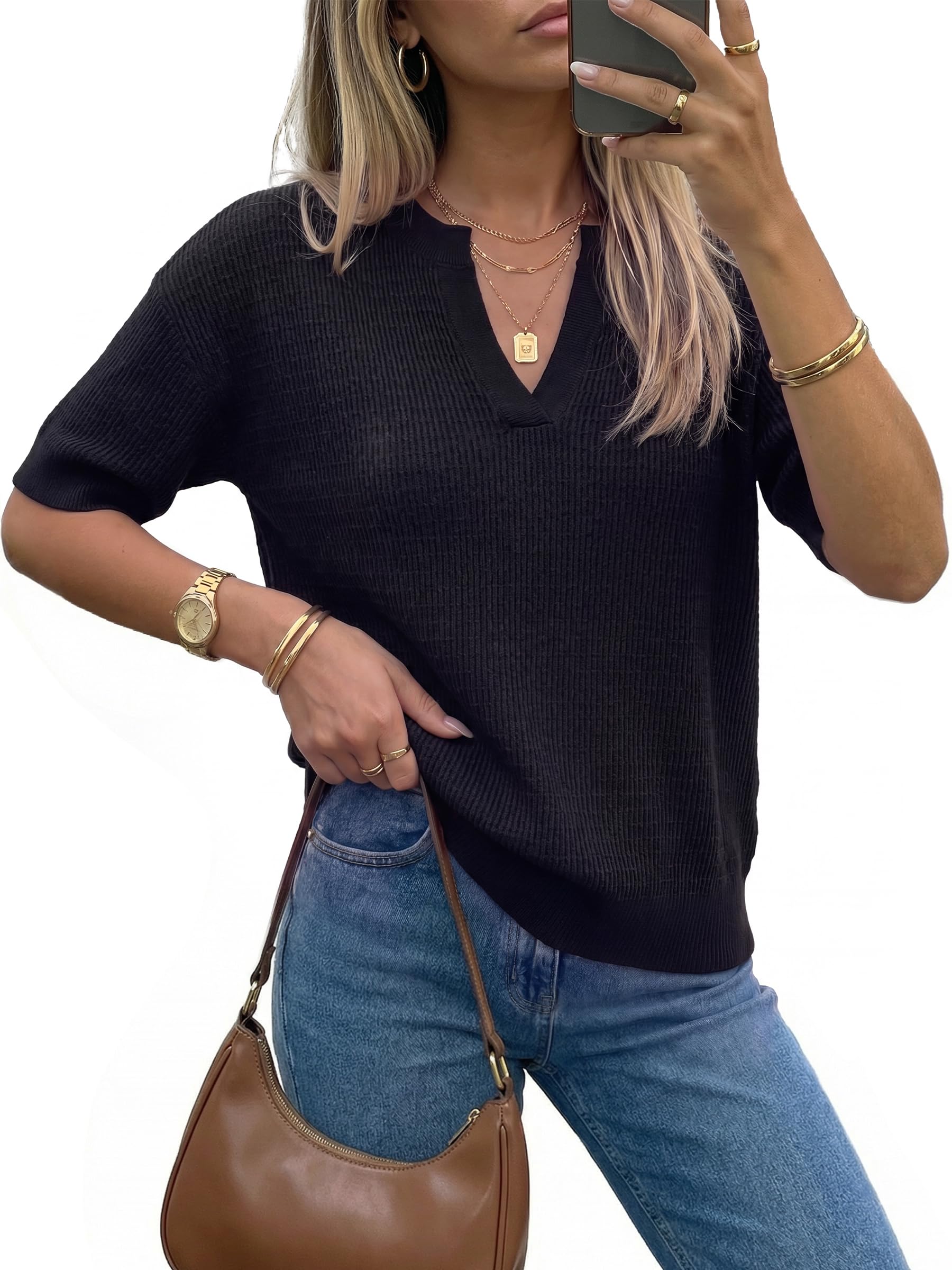 Arach&Cloz Women's Striped Short Sleeve Sweater Work Casual Fashion Trendy