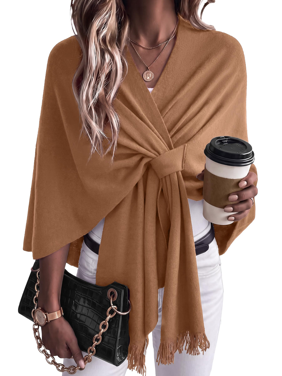 Arach&Cloz Wool-Blend Loop-Front Fringe Shawl — Camel, looped front with fringe hem