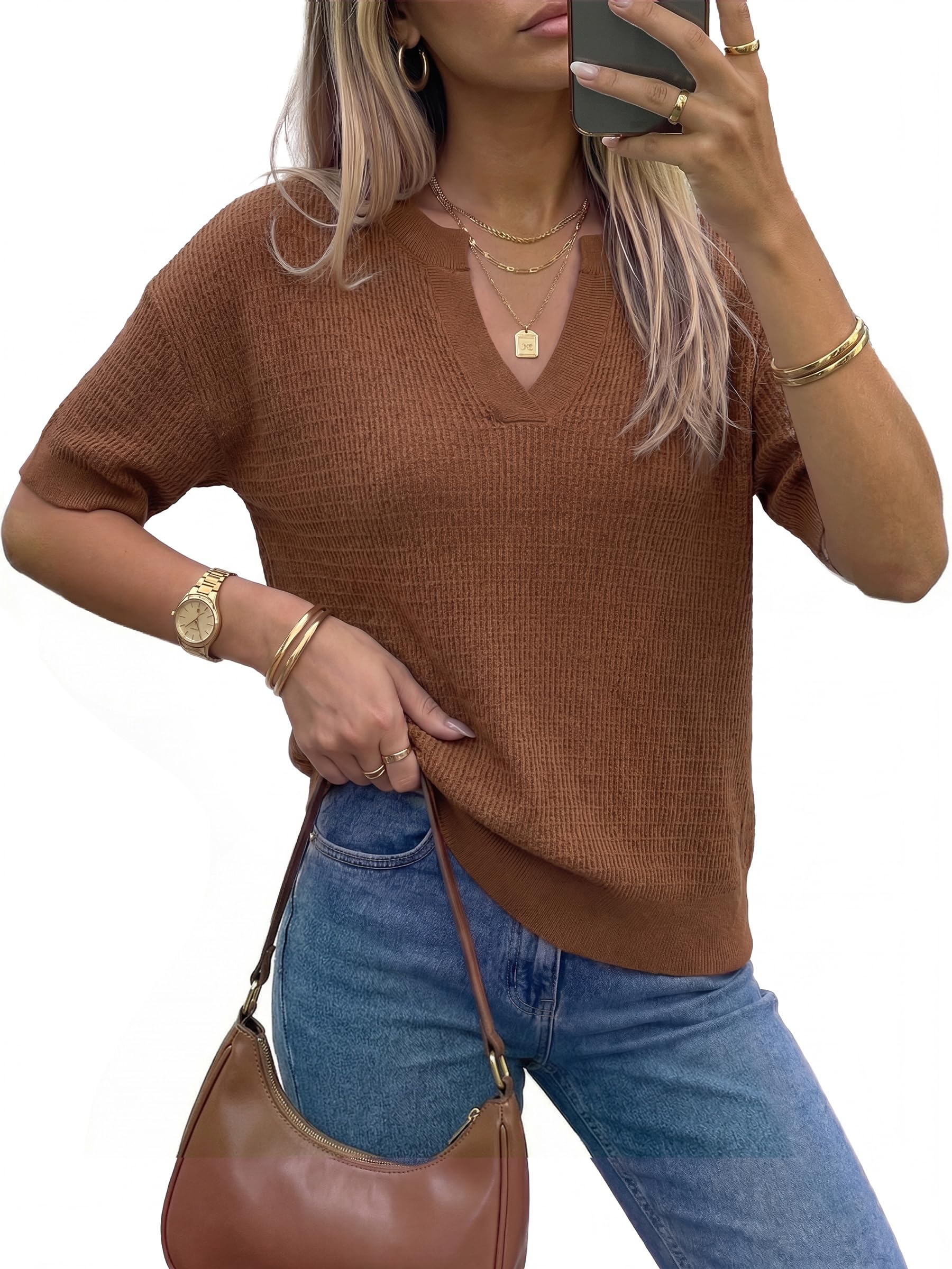 Arach&Cloz Women's Striped Short Sleeve Sweater Work Casual Fashion Trendy