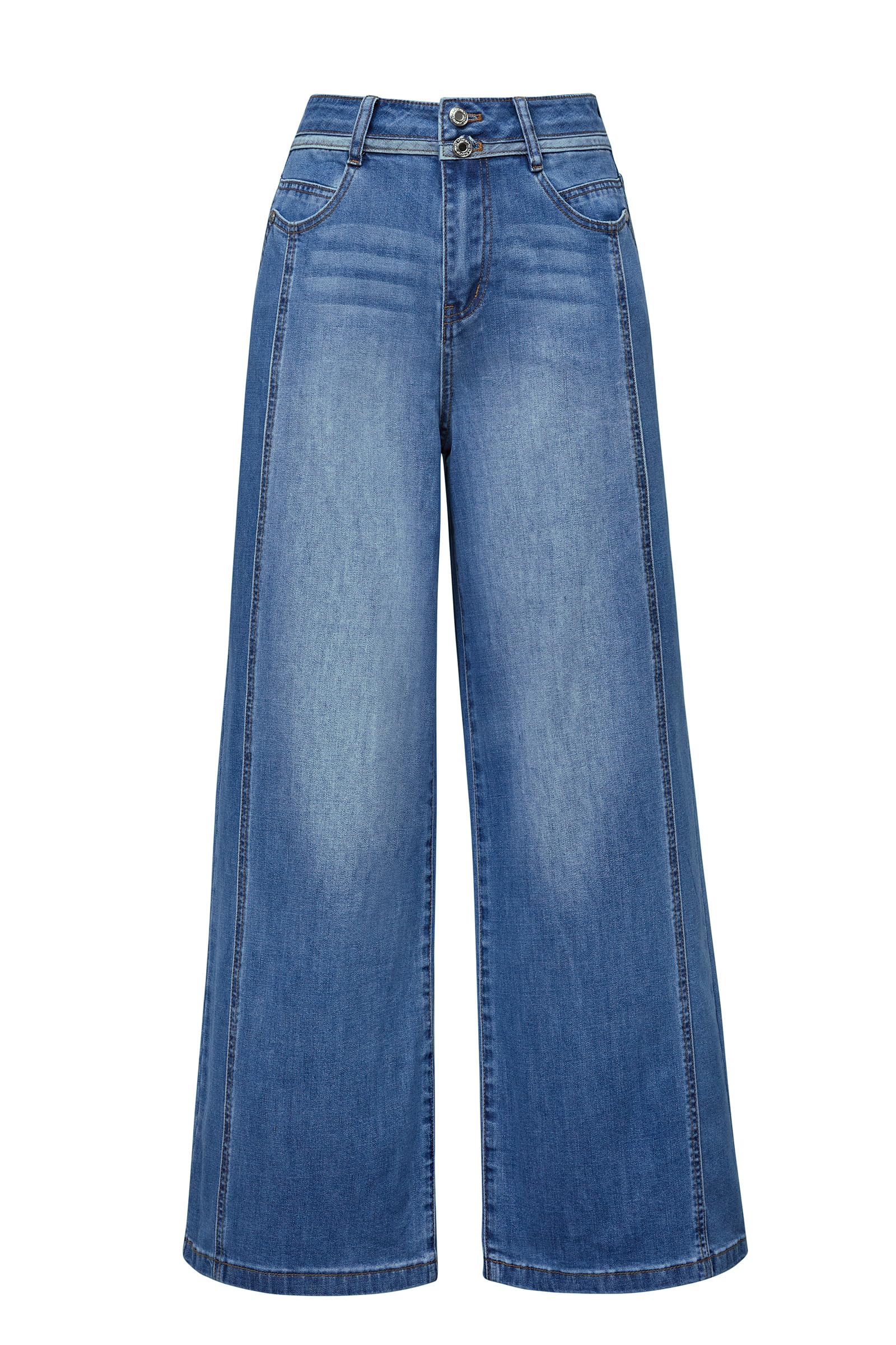 Arach&Cloz Women's Contrast Waistband Fall Business Casual Wide Leg Jeans