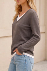 Arach&Cloz Women's Wool Blend 2 in 1 Patchwork V Neck Casual Sweater Tops