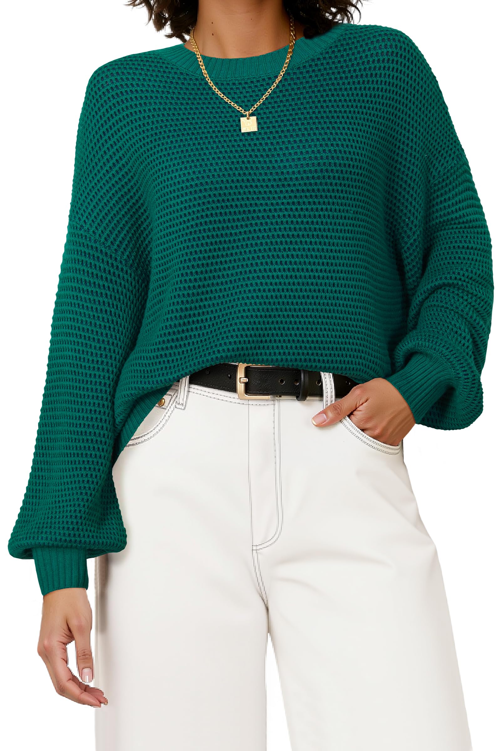 Arach&Cloz Women's Wool Blend Crewneck Fall Trendy Oversized Waffle Sweaters 2025