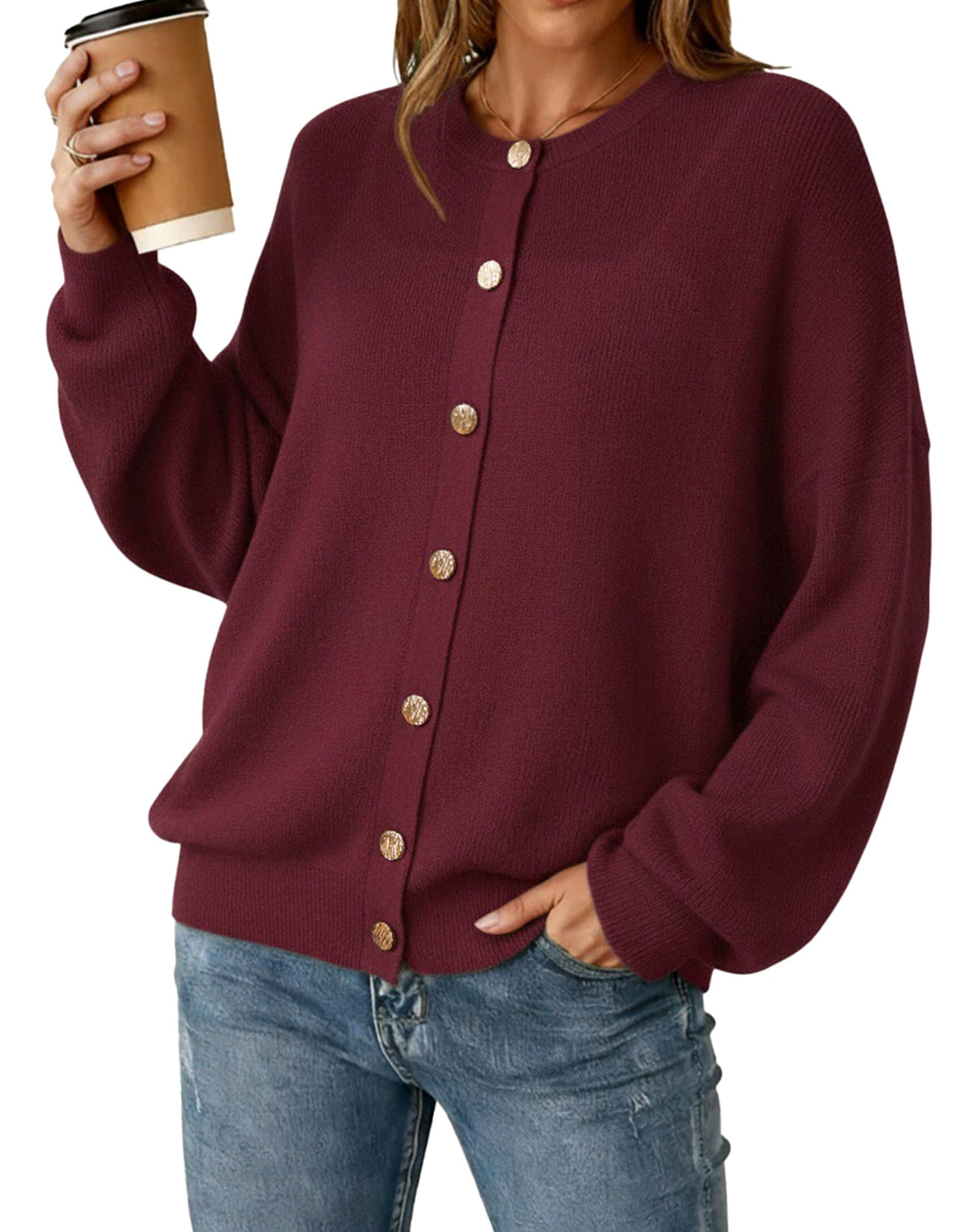 Arach&Cloz Wool-Blend Button-Front Oversized Cardigan — product image 10