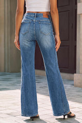 Arach&Cloz blue bootcut jeans, back view showing rear pockets and waistband label