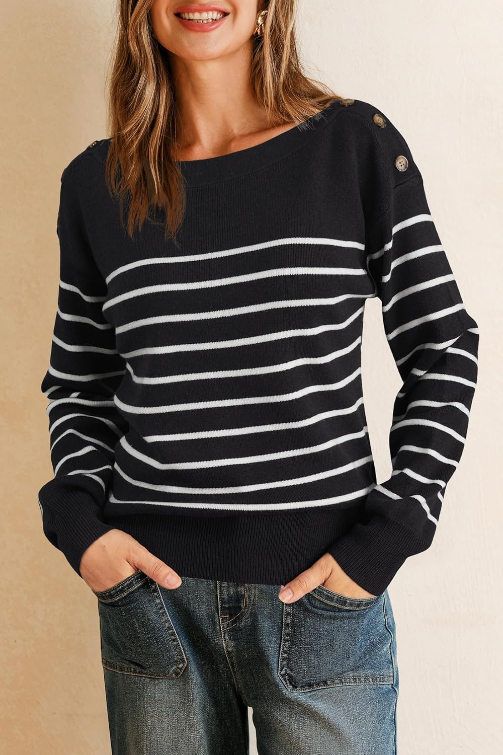 Arach&Cloz Wool-Blend Boat-Neck Striped Knit Top — product image 2