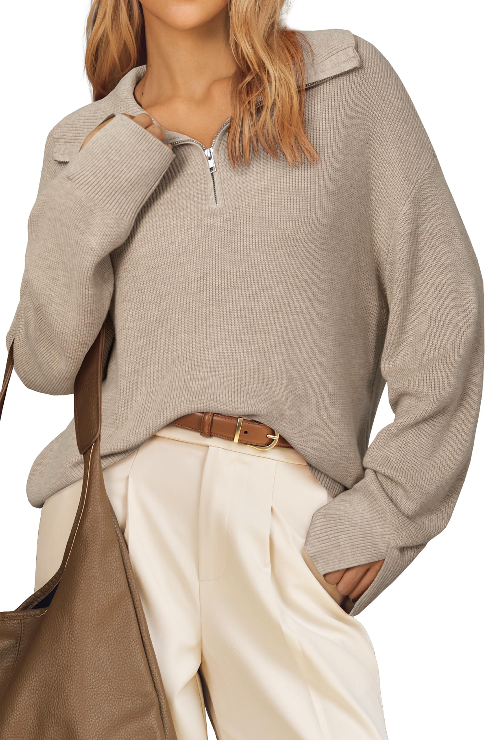 Arach&Cloz Women's Wool Blend Lapel Quarter Zip Fall Winter Trendy Casual Oversized Fit Sweater Top