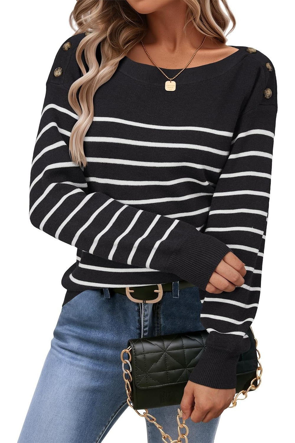 Arach&Cloz Wool-Blend Boat-Neck Striped Knit Top — product image 1