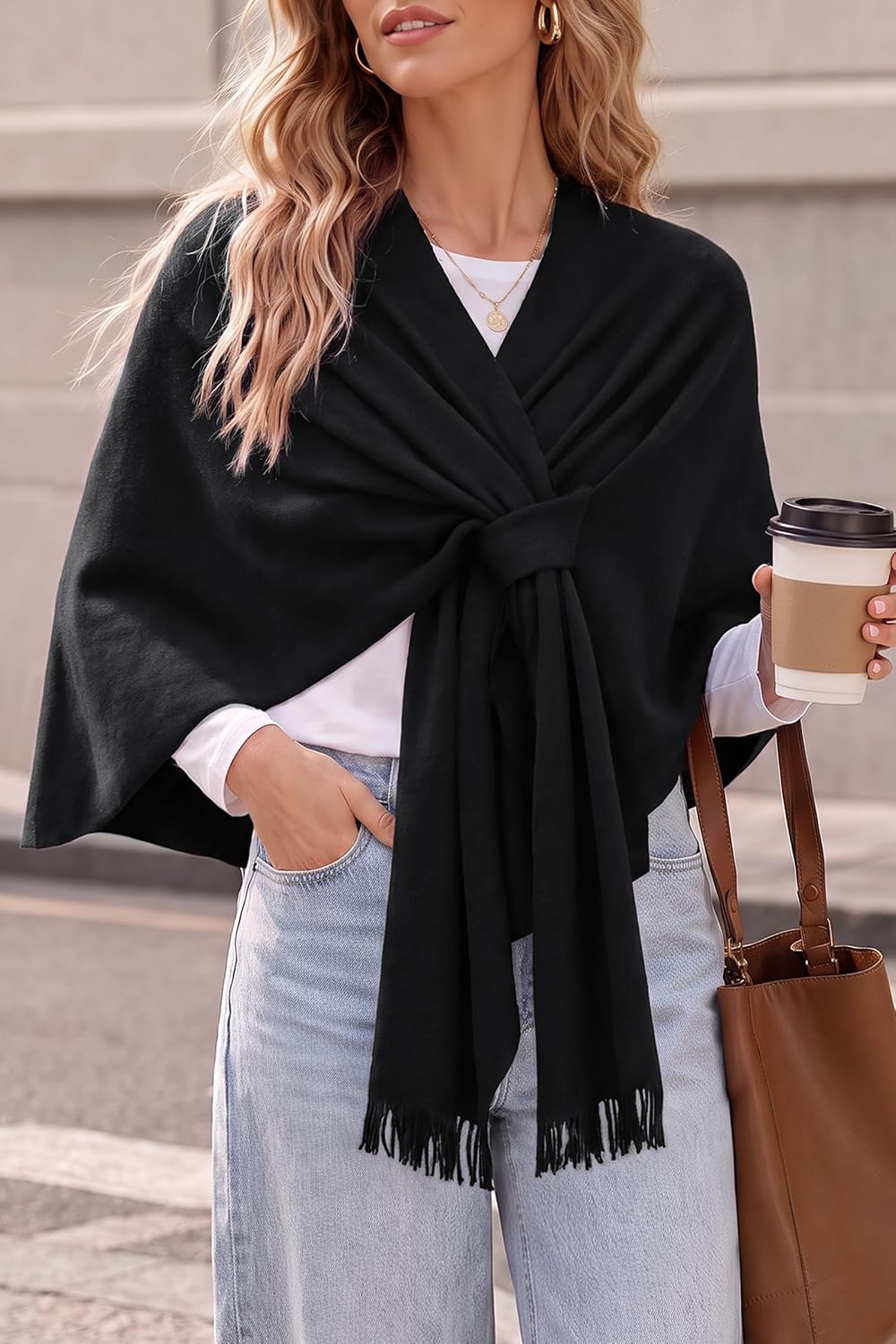 Arach&Cloz Wool-Blend Loop-Front Fringe Shawl — Black, close-up of front loop and fringe