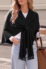 Arach&Cloz Wool-Blend Loop-Front Fringe Shawl — Black, close-up of front loop and fringe