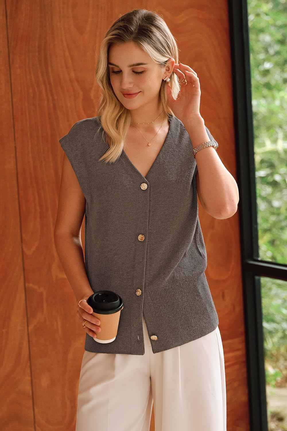 Arach&Cloz Wool-Blend Button-Front V-Neck Sweater Vest — product image 2