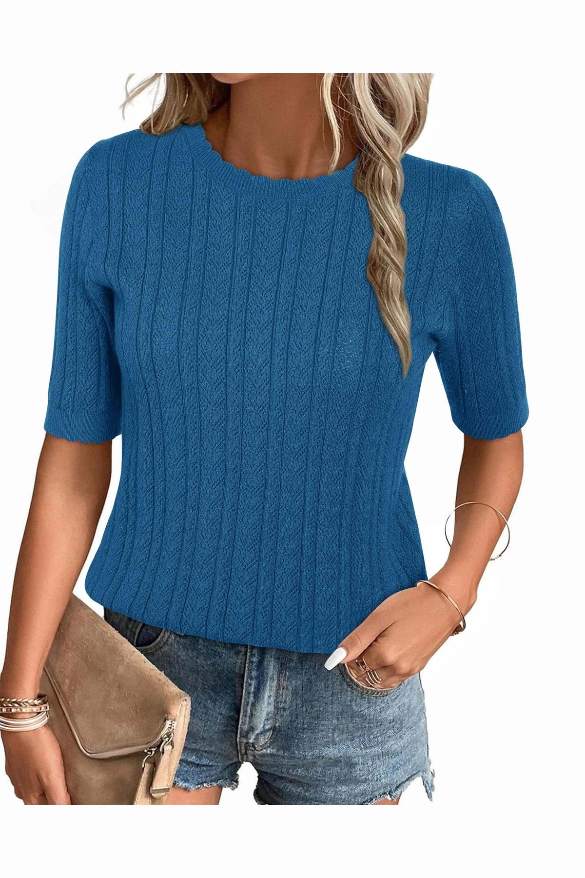 Arach&Cloz Women's Summer Fall Scalloped Lace Cuff Crewneck Tops Textured Shirts