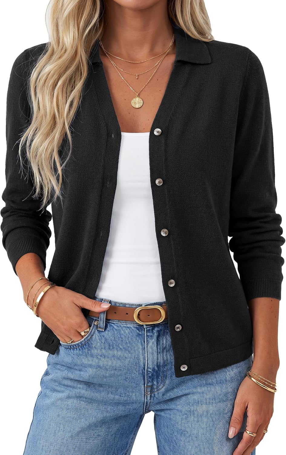 Arach&Cloz Women's Wool Blend Collared Neck Business Casual Cardigan 2026