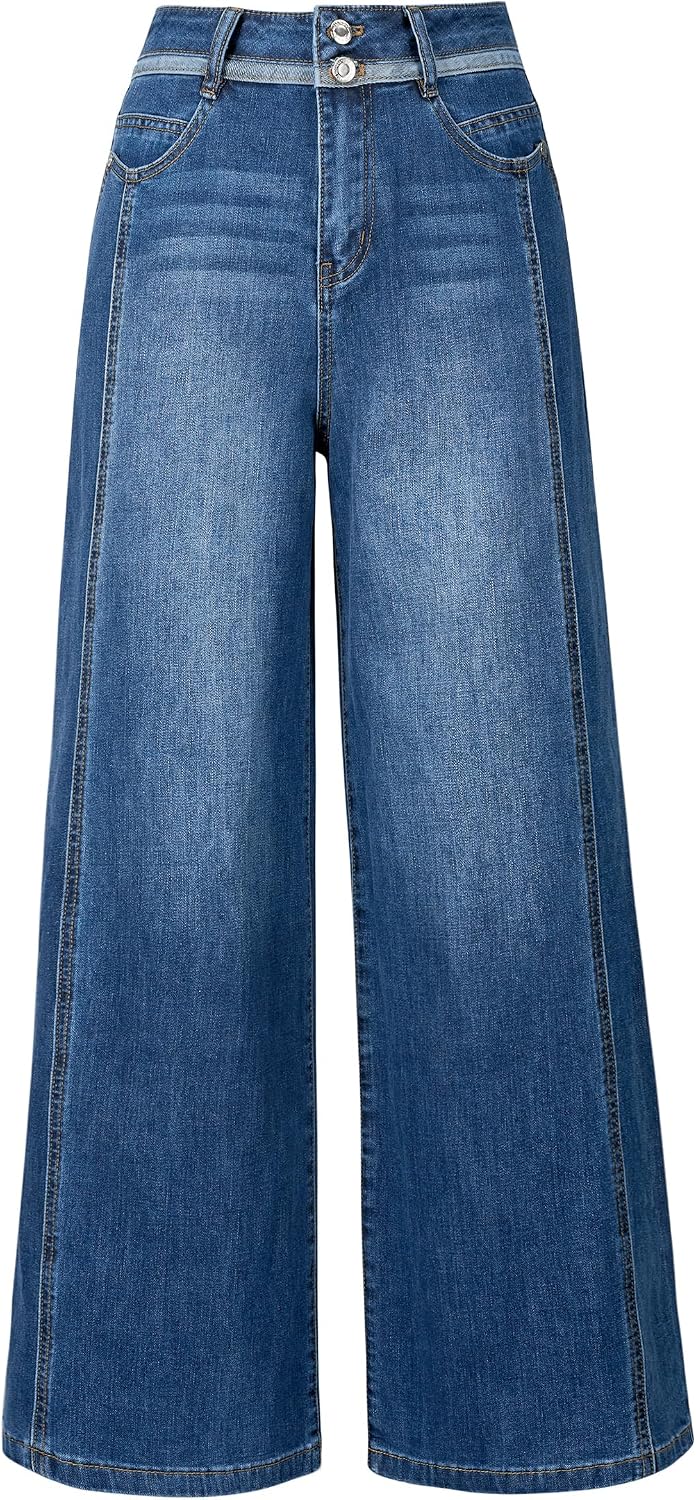 Arach&Cloz Women's Contrast Waistband Fall Business Casual Wide Leg Jeans