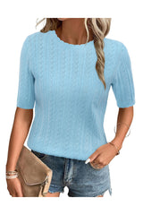 Arach&Cloz Women's Summer Fall Scalloped Lace Cuff Crewneck Tops Textured Shirts