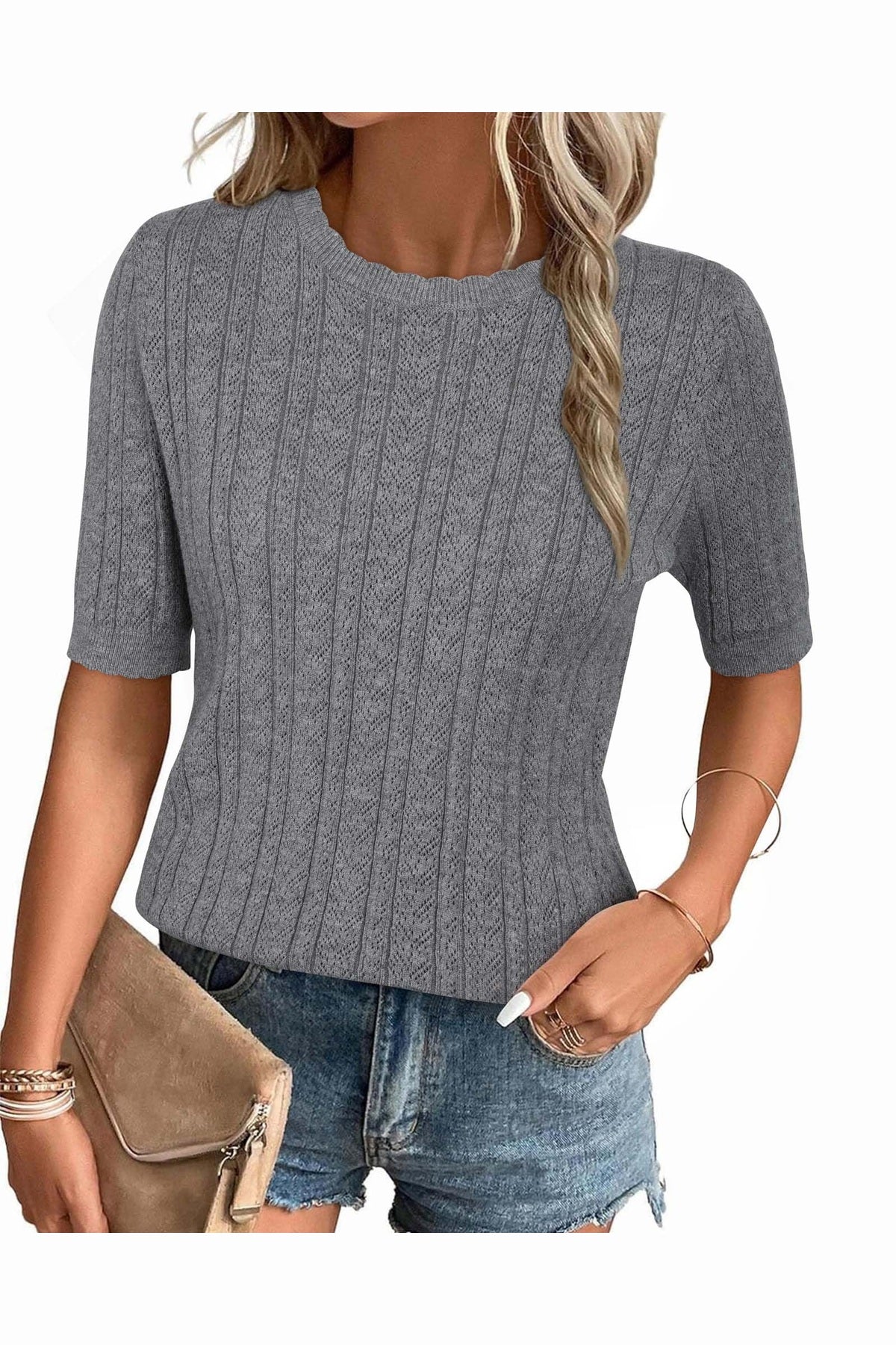 Arach&Cloz Women's Summer Fall Scalloped Lace Cuff Crewneck Tops Textured Shirts