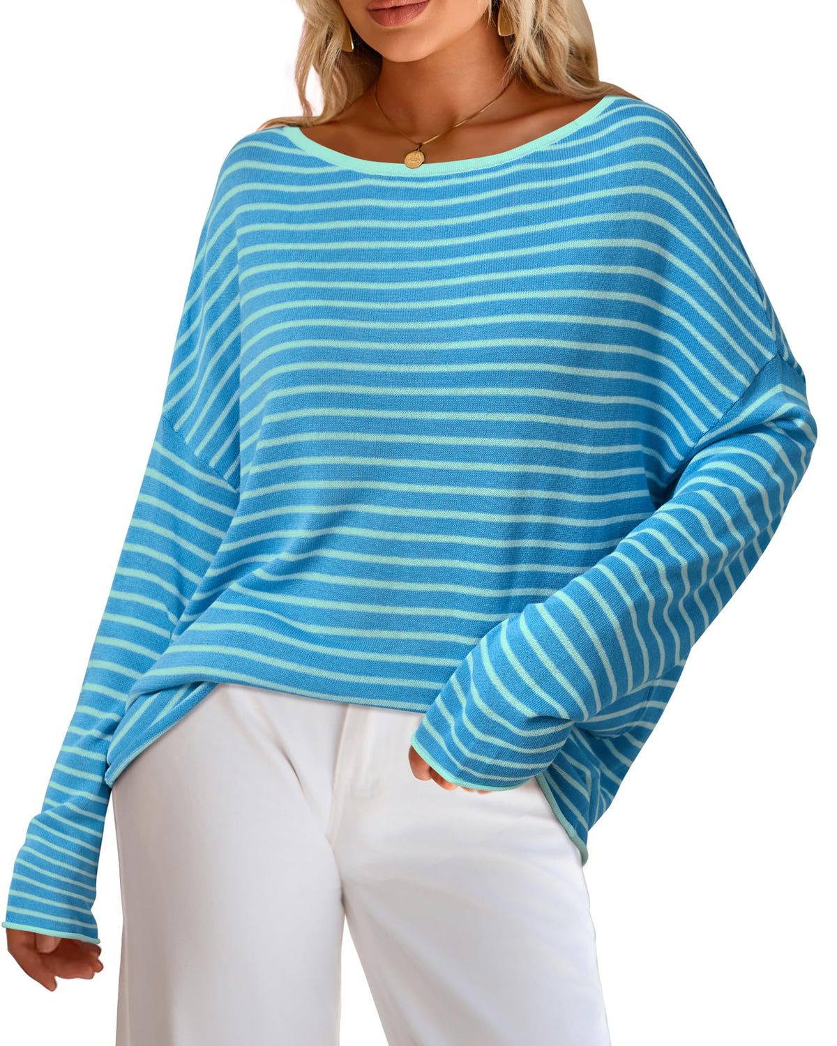 Arach&Cloz Linen-Blend Off-Shoulder Oversized Striped Pullover — product image 7