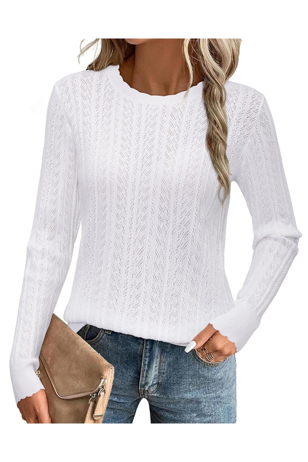 Arach&Cloz Women's Summer Fall Scalloped Lace Cuff Crewneck Tops Textured Shirts