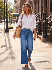 Arach&Cloz Women's Contrast Waistband Fall Business Casual Wide Leg Jeans