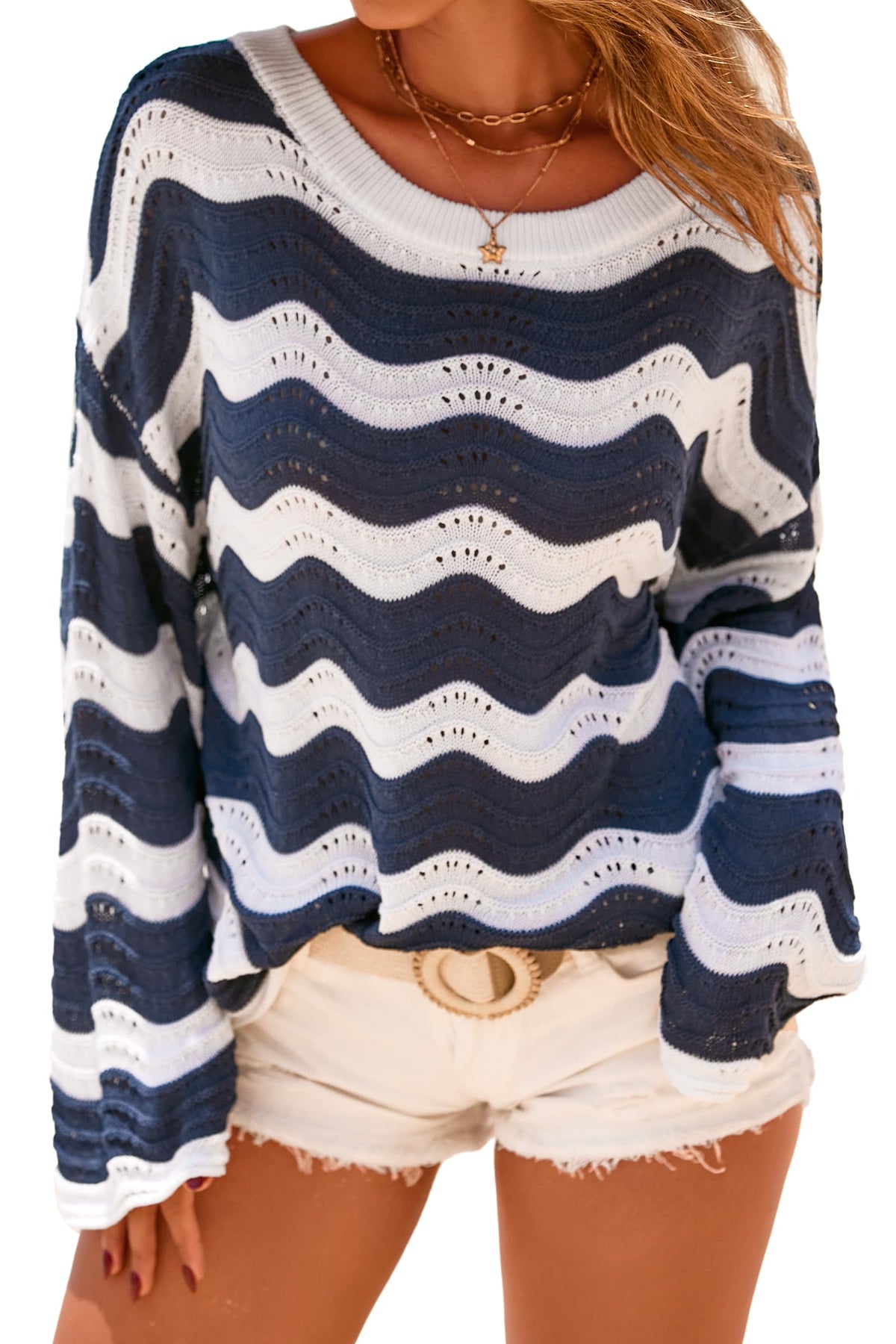Arach&Cloz Linen-Blend Crochet Striped Knit Top — product image 9