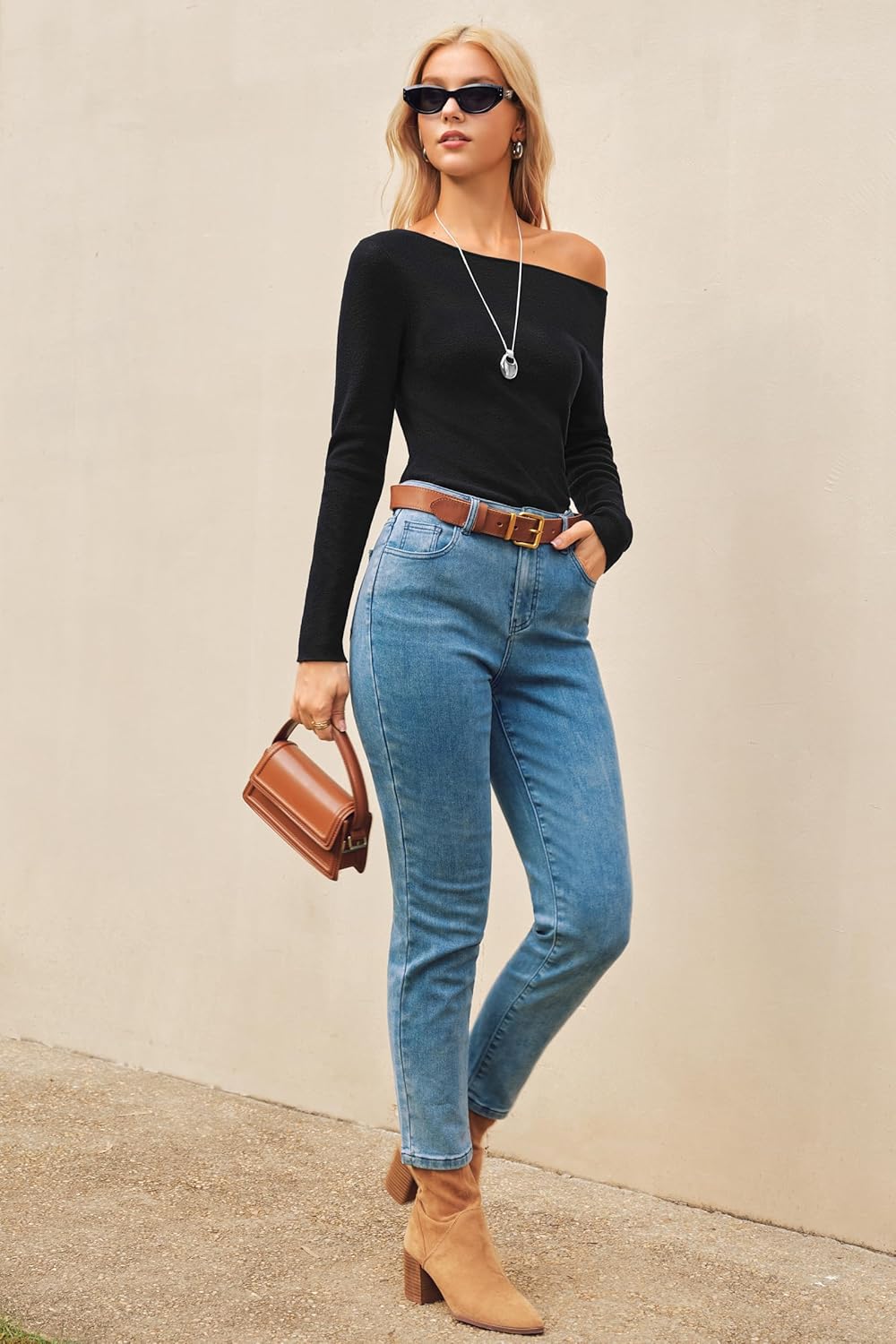 Arach&Cloz Women's Wool Blend Off The Shoulder Ruched Slim Fit Fall Sweaters 2025