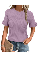 Arach&Cloz Women's Summer Fall Scalloped Lace Cuff Crewneck Tops Textured Shirts