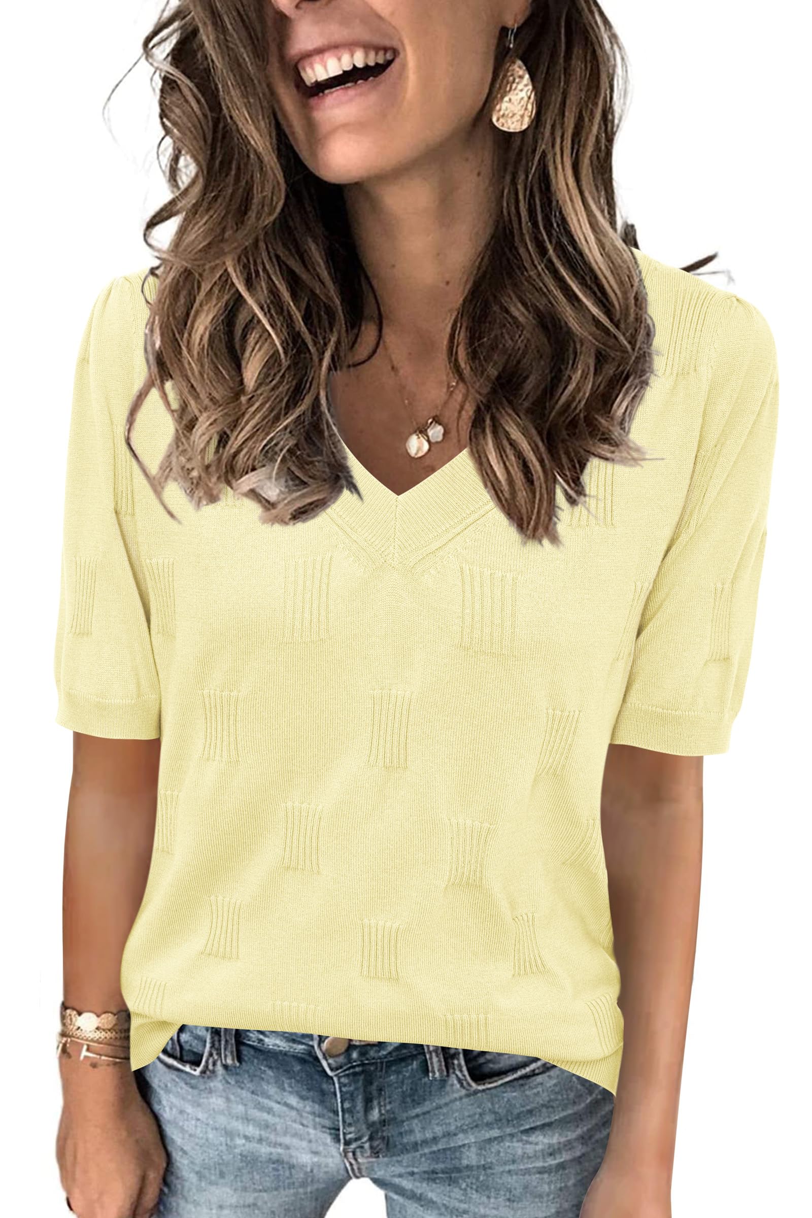 Arach&Cloz Women's Lightweight Fall Sweater Tops Casual Short Sleeve Blouses Shirts