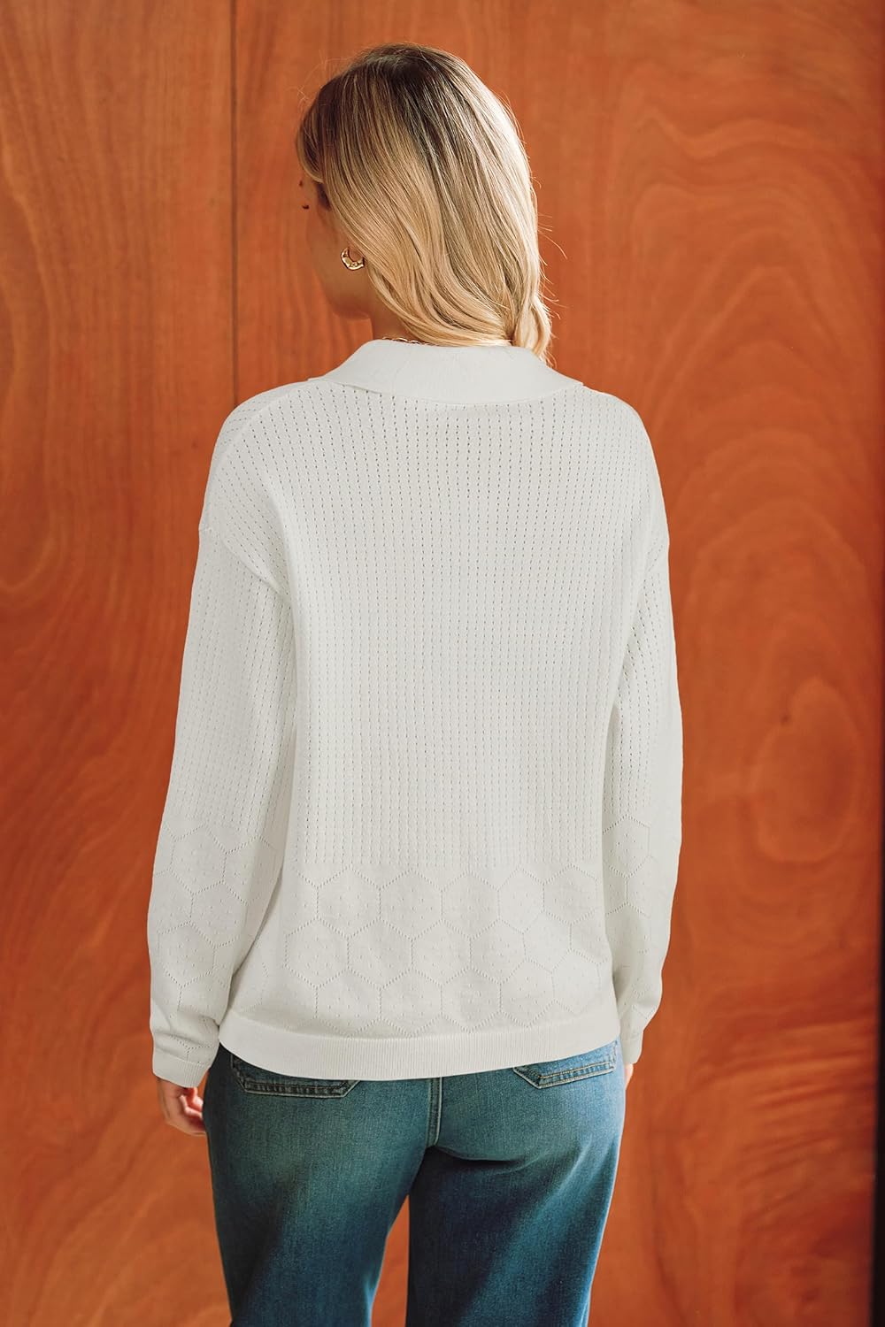 Arach&Cloz 100% Cotton Eyelet-Knit V-Neck Polo Knit Top — product image 4
