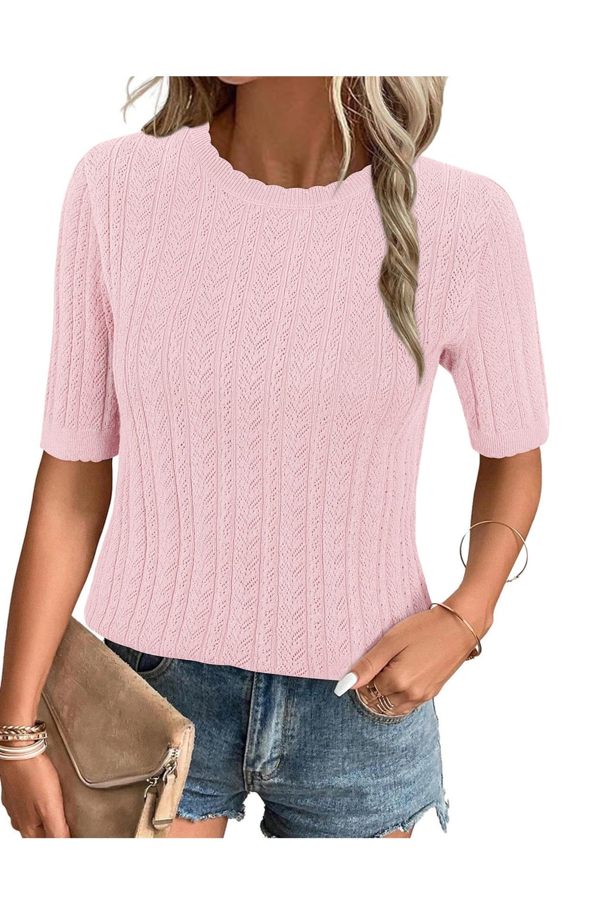 Arach&Cloz Women's Summer Fall Scalloped Lace Cuff Crewneck Tops Textured Shirts
