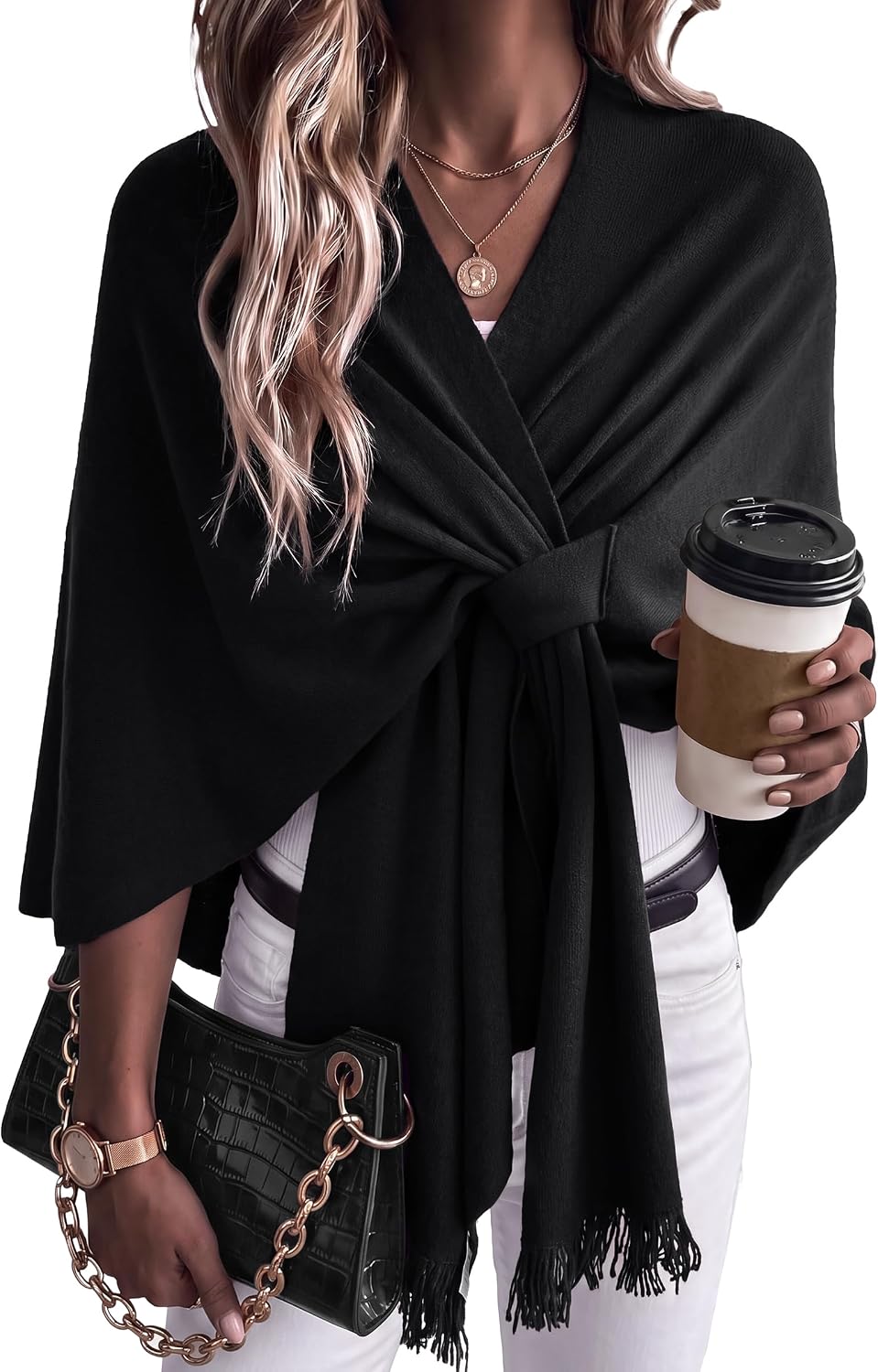 Arach&Cloz Wool-Blend Loop-Front Fringe Shawl — Black, looped front with fringe hem
