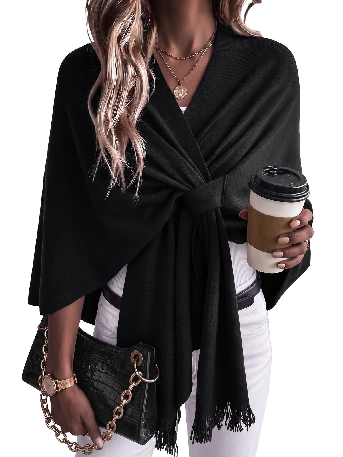 Arach&Cloz Wool-Blend Loop-Front Fringe Shawl — Black, looped front with fringe hem