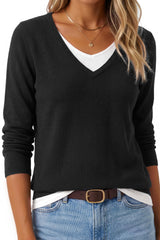 Arach&Cloz Women's Wool Blend 2 in 1 Patchwork V Neck Casual Sweater Tops