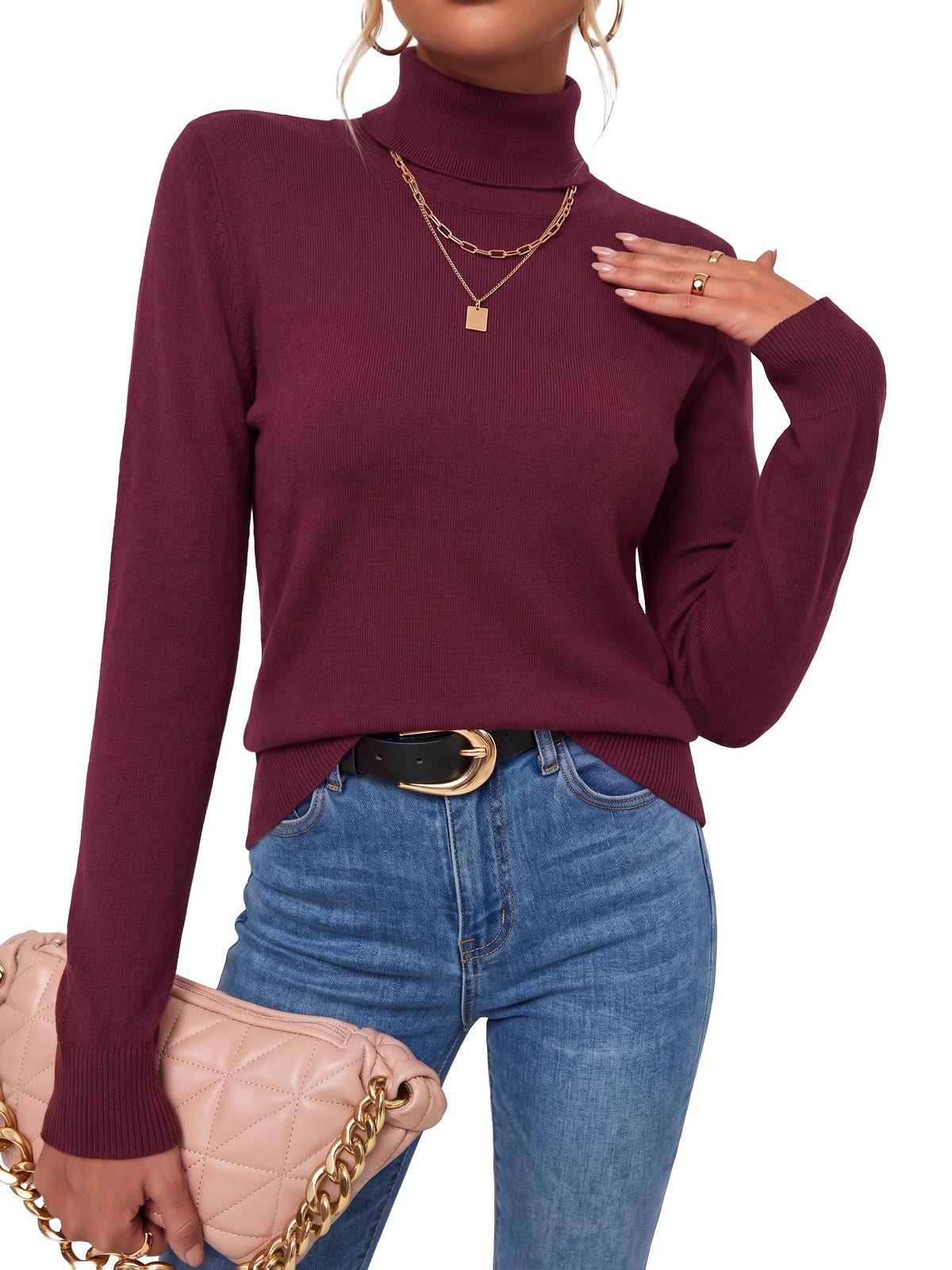Arach&Cloz Wool-Blend Foldover Turtleneck Pullover — Wine red, front view styled with blue jeans