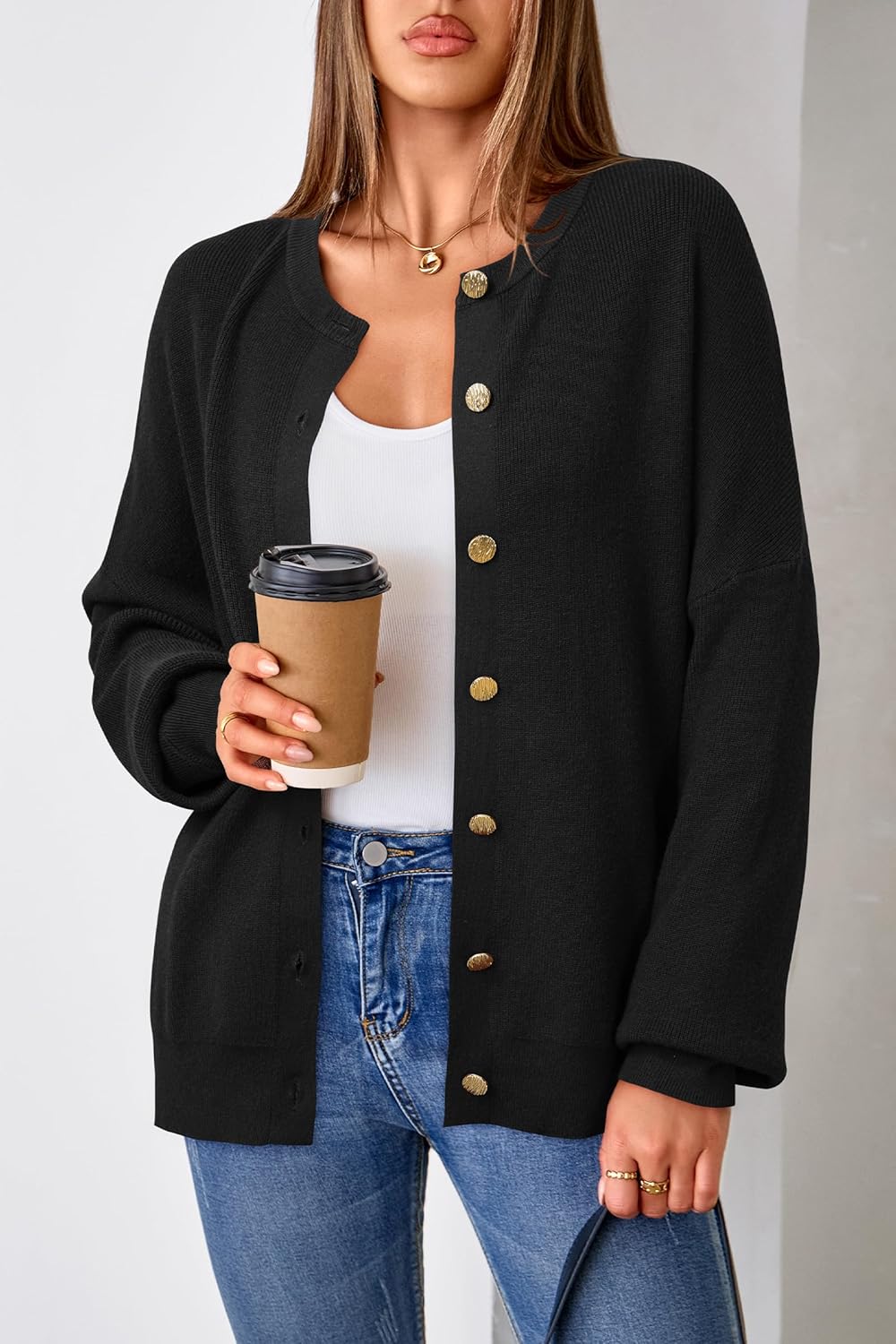 Arach&Cloz Wool-Blend Button-Front Oversized Cardigan — product image 3