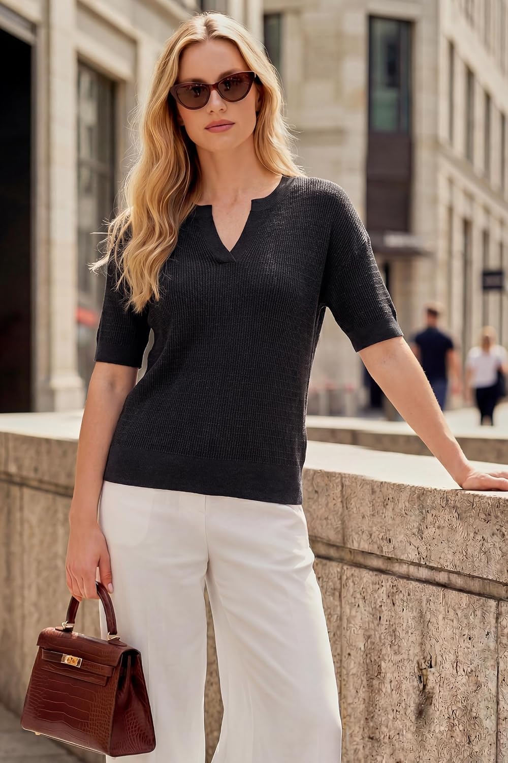 Arach&Cloz Women's Striped Short Sleeve Sweater Work Casual Fashion Trendy