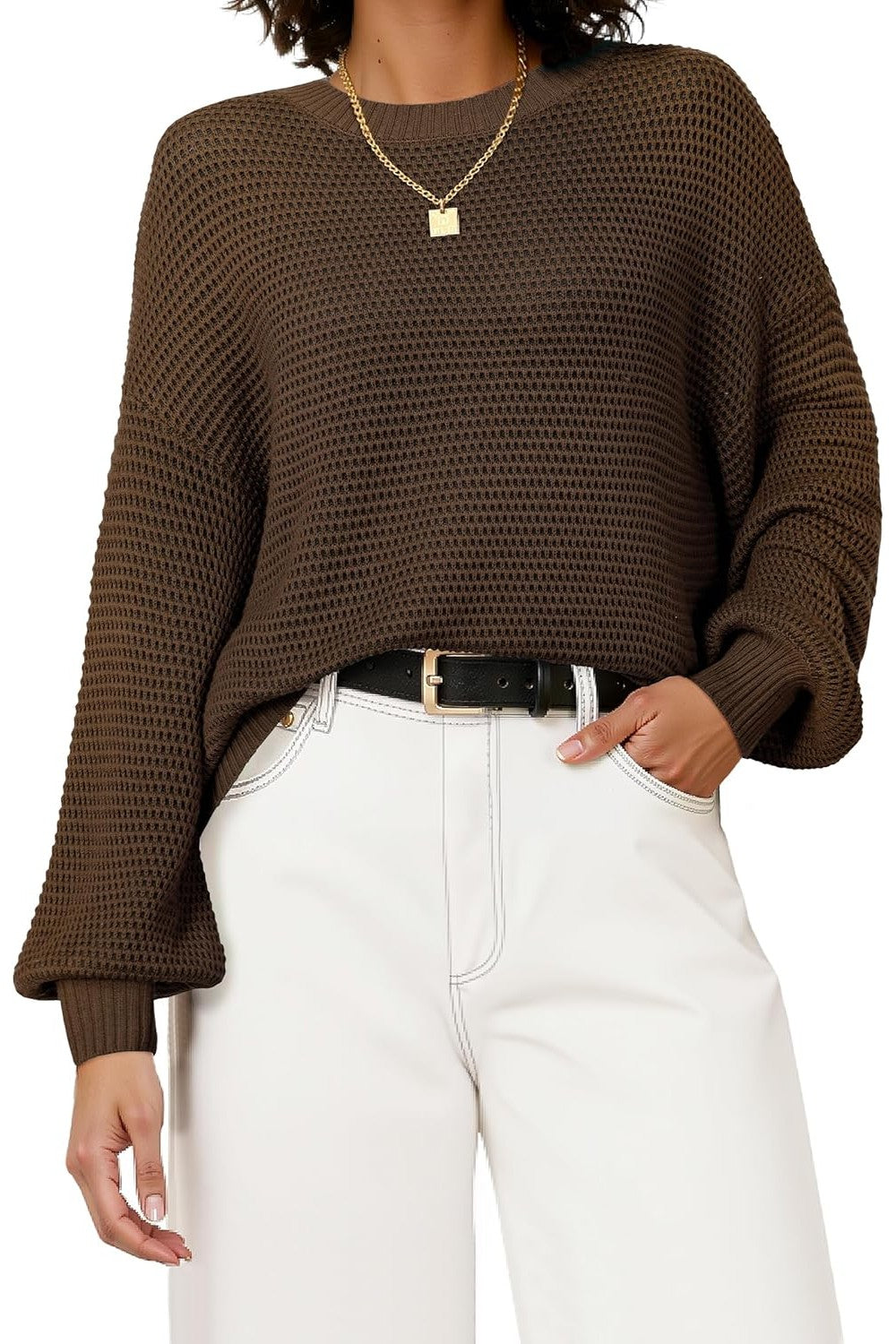 Arach&Cloz Wool-Blend Waffle-Knit Crew-Neck Oversized Pullover — product image 1
