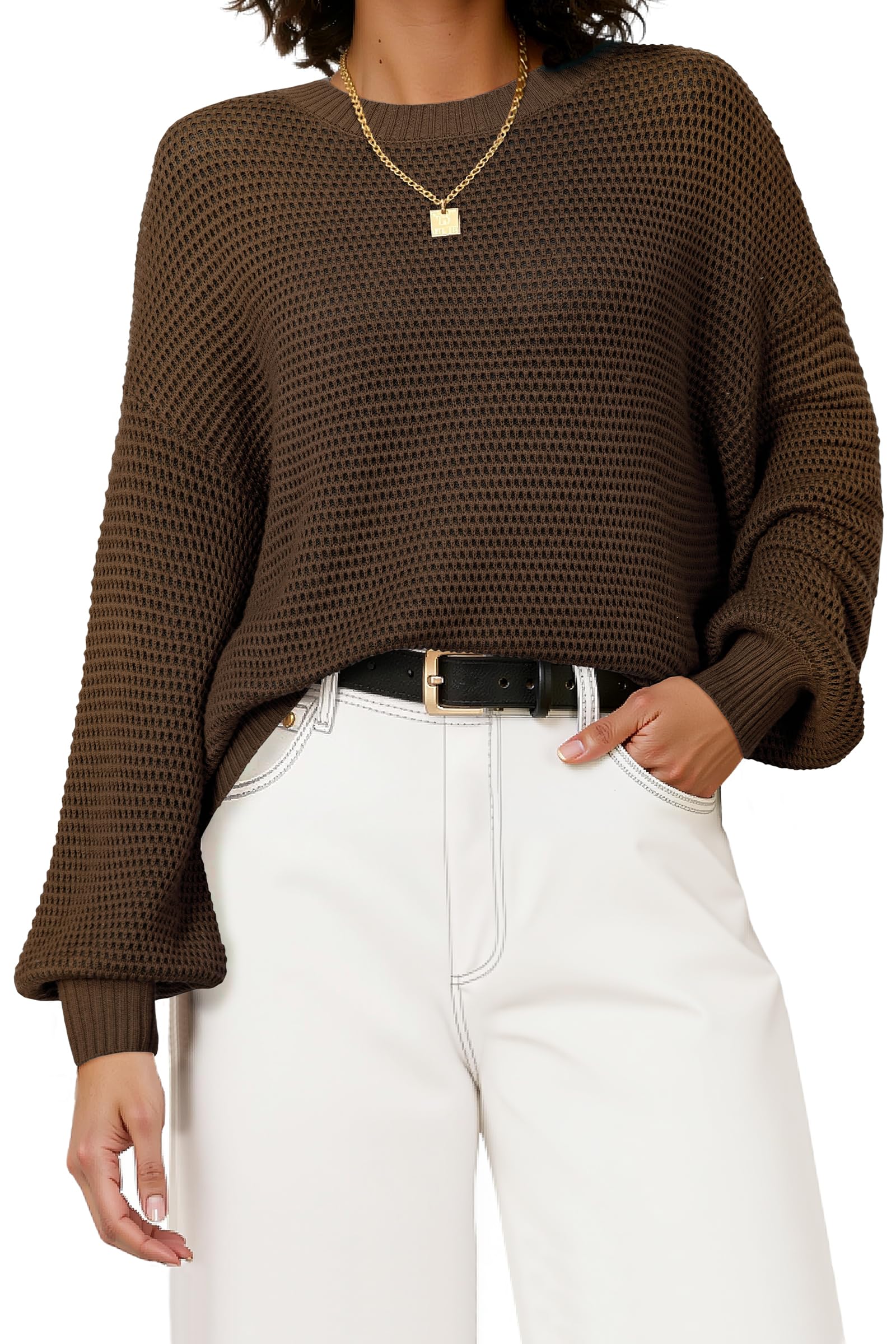 Arach&Cloz Women's Wool Blend Crewneck Fall Trendy Oversized Waffle Sweaters 2025