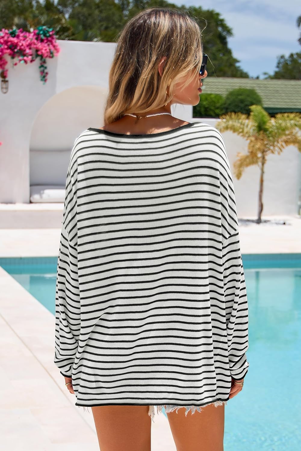 Arach&Cloz Linen-Blend Off-Shoulder Oversized Striped Pullover — product image 4