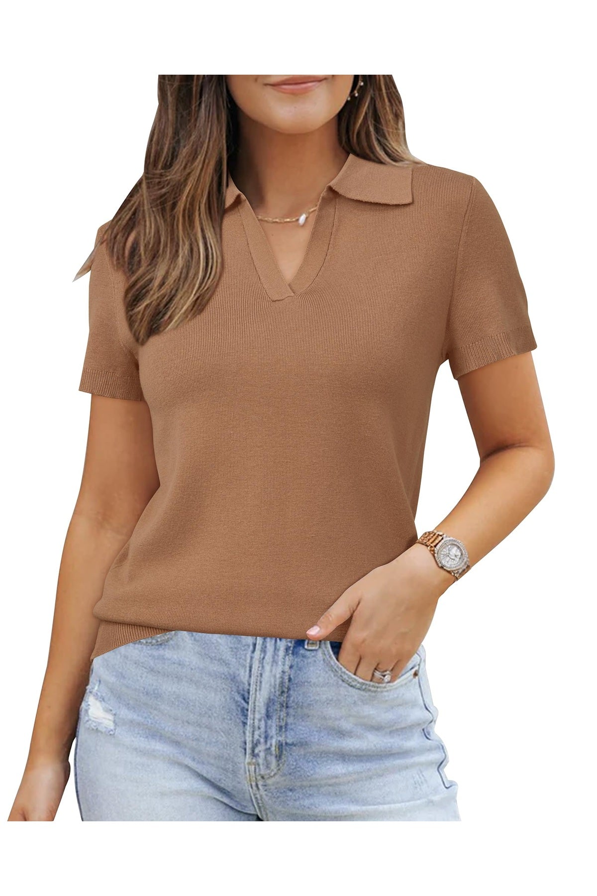 Arach&Cloz Wool-Blend Polo Knit Top — Rose Red — product image 16