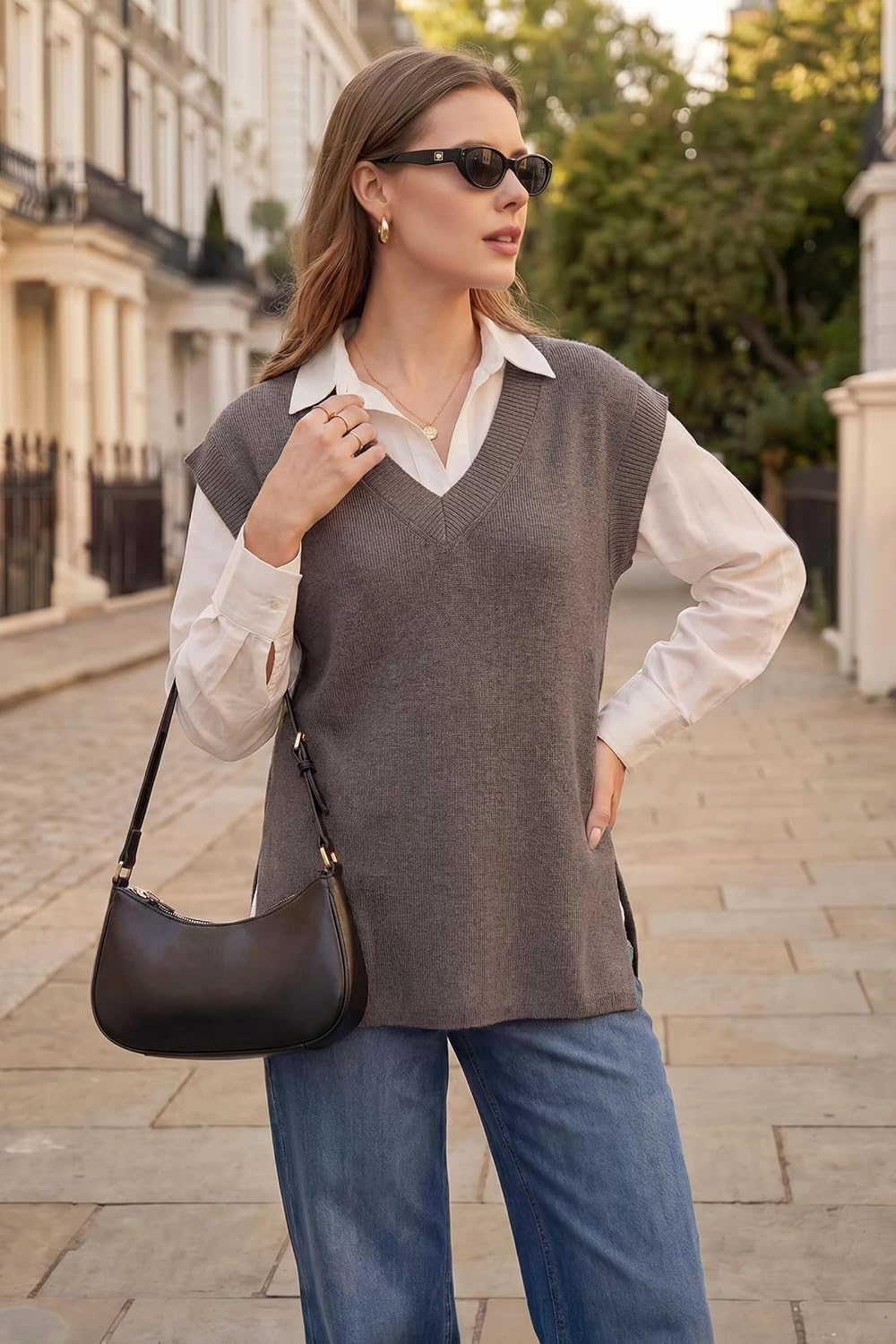 Arach&Cloz Women's Wool Blend Relaxed Sleevelesss Fall Casual Sweater Vest