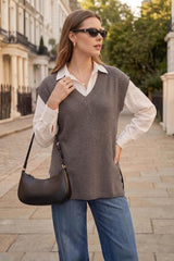 Arach&Cloz Women's Wool Blend Relaxed Sleevelesss Fall Casual Sweater Vest
