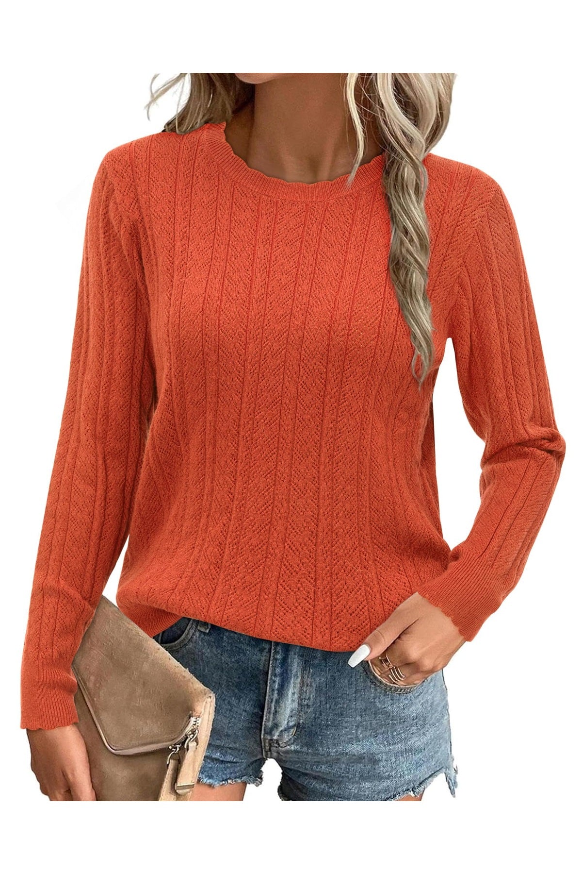 Arach&Cloz Women's Summer Fall Scalloped Lace Cuff Crewneck Tops Textured Shirts