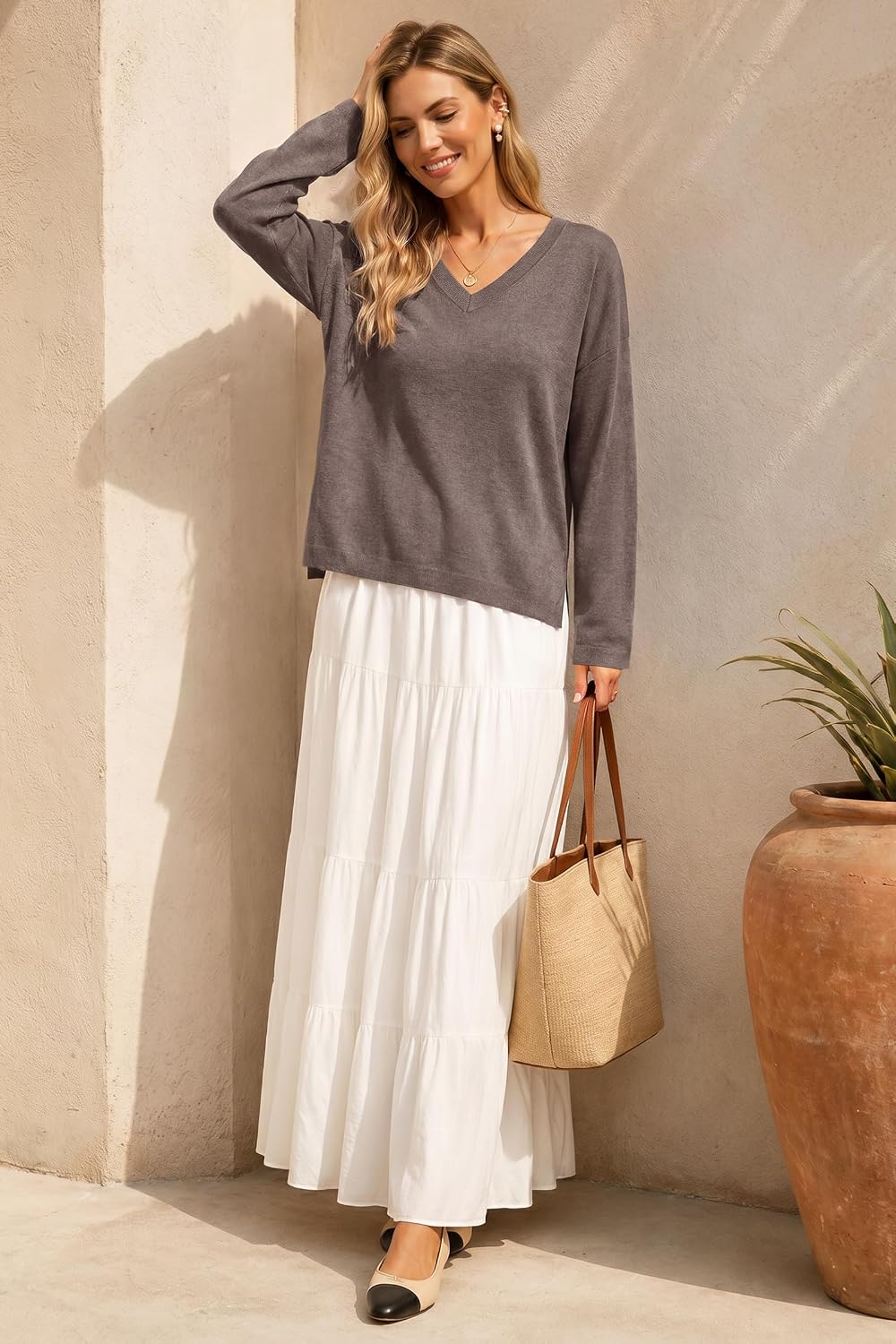 Arach&Cloz Women's Wool Blend Oversized V Neck Fall Casual Pullover Sweater