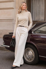 Arach&Cloz Wool-Blend Foldover Turtleneck Pullover — Beige, full outfit with white trousers outdoors