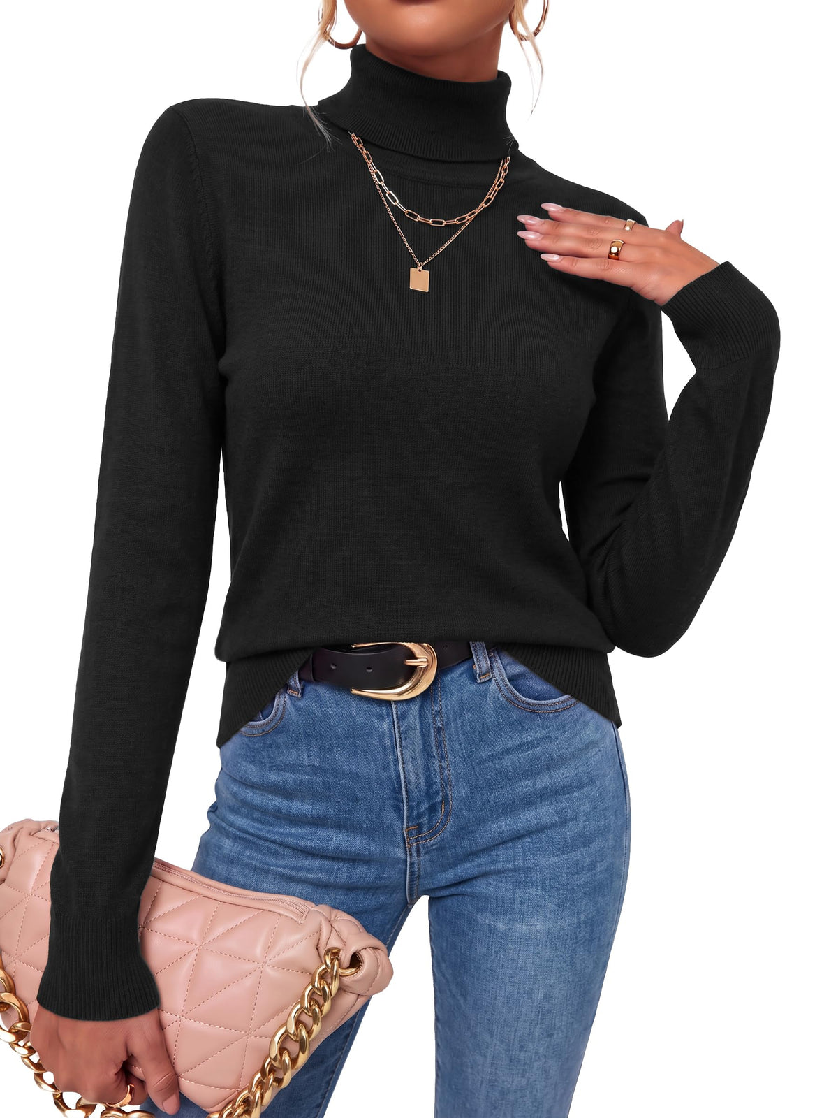 Arach&Cloz Wool-Blend Foldover Turtleneck Pullover — Black, front view styled with blue jeans