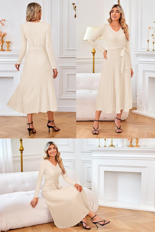 Arach&Cloz Women's Wool Blend Tie Waist Pleated Fall Sweater Dress 2025