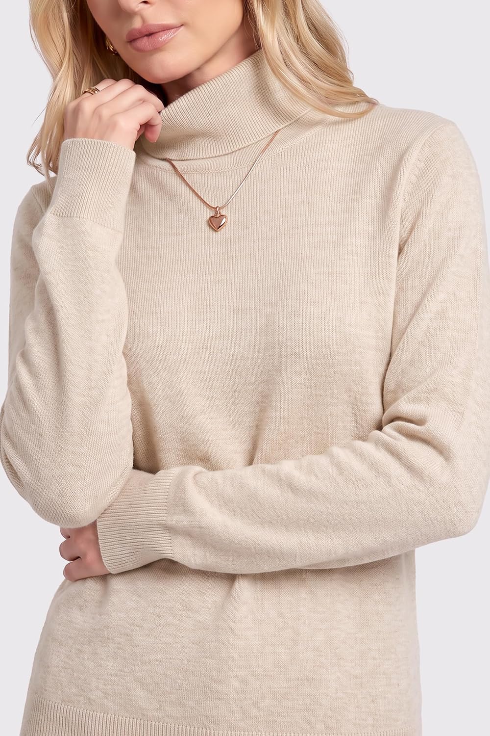 Arach&Cloz Wool-Blend Foldover Turtleneck Pullover — Beige, close-up of foldover collar and knit sleeves