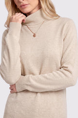 Arach&Cloz Wool-Blend Foldover Turtleneck Pullover — Beige, close-up of foldover collar and knit sleeves