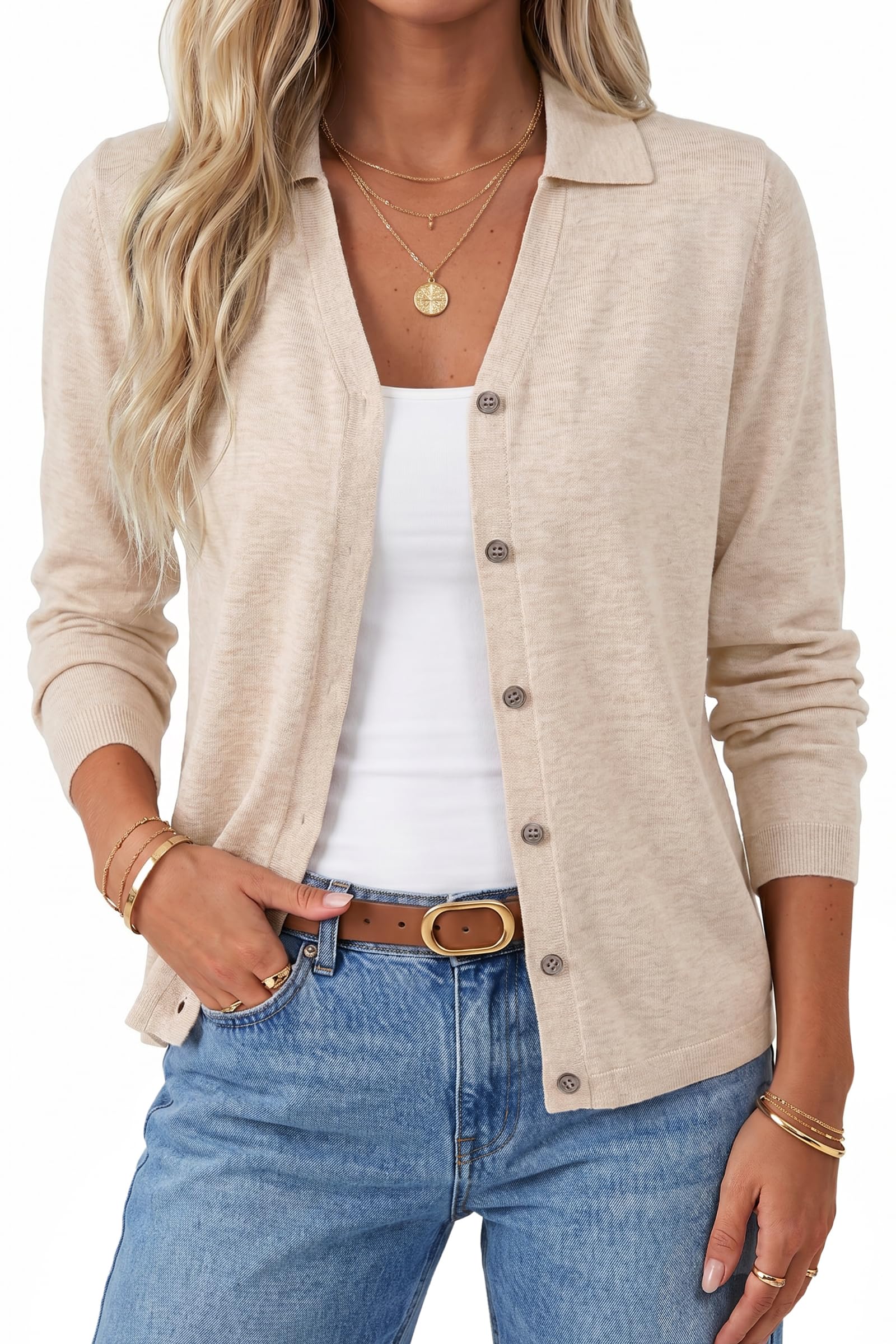 Arach&Cloz Women's Wool Blend Collared Neck Business Casual Cardigan 2026