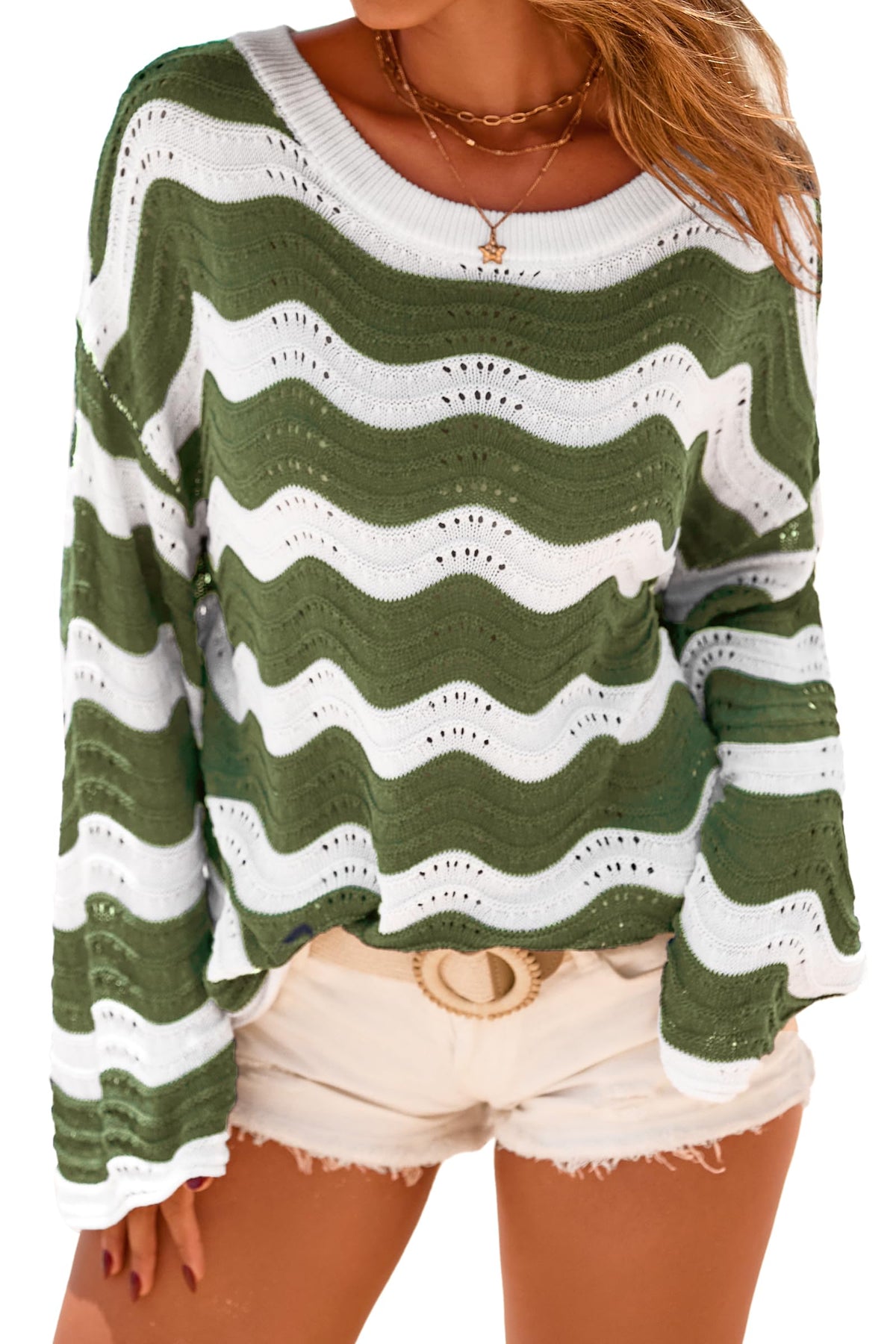 Arach&Cloz Linen-Blend Crochet Striped Knit Top — product image 6